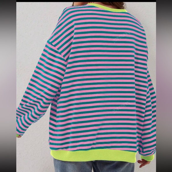 Casual Striped Round Neck Sweatshirt Long Sleeve Loose T-Shirt XL - Picture 6 of 7